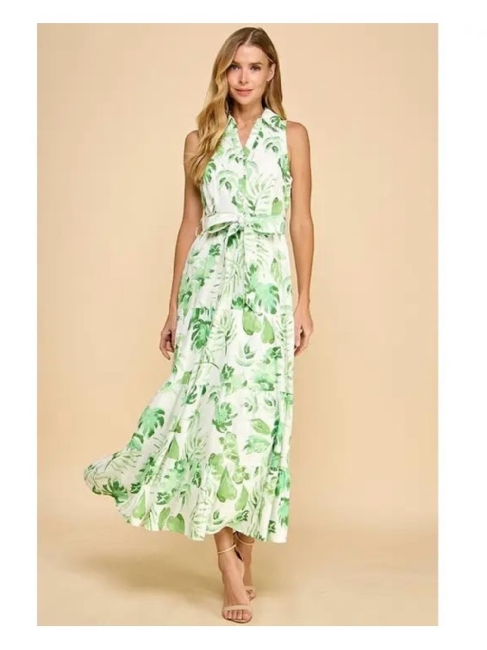 Avara for TCEC button up White Maxi Dress /Leaf Print & Tie Waist SZ S